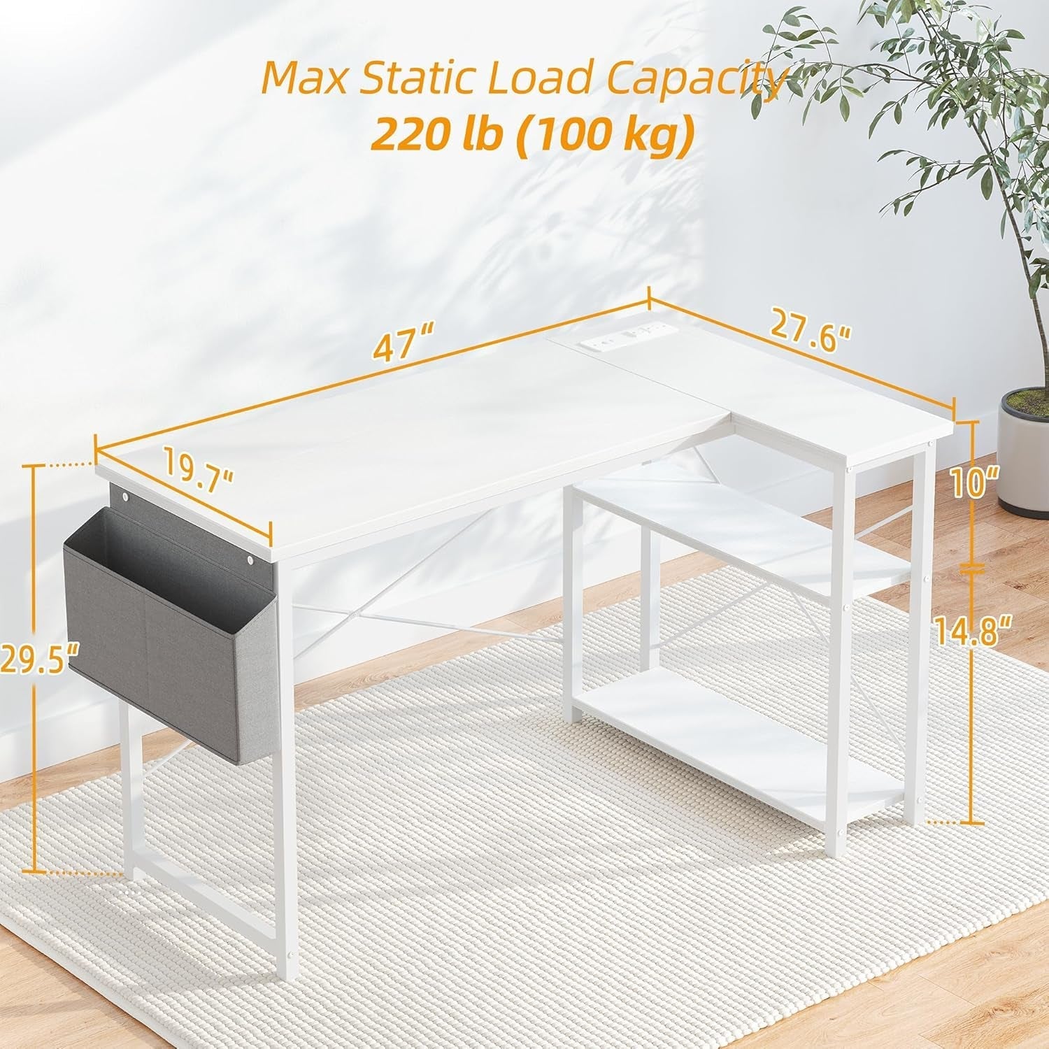 L Shaped Computer Desk with Power Outlets, 47 Inch Small Corner Desk with Reversible Shelves, Gaming Desk Computer Table Study Writing Desk for Home Office Small Space, White-2