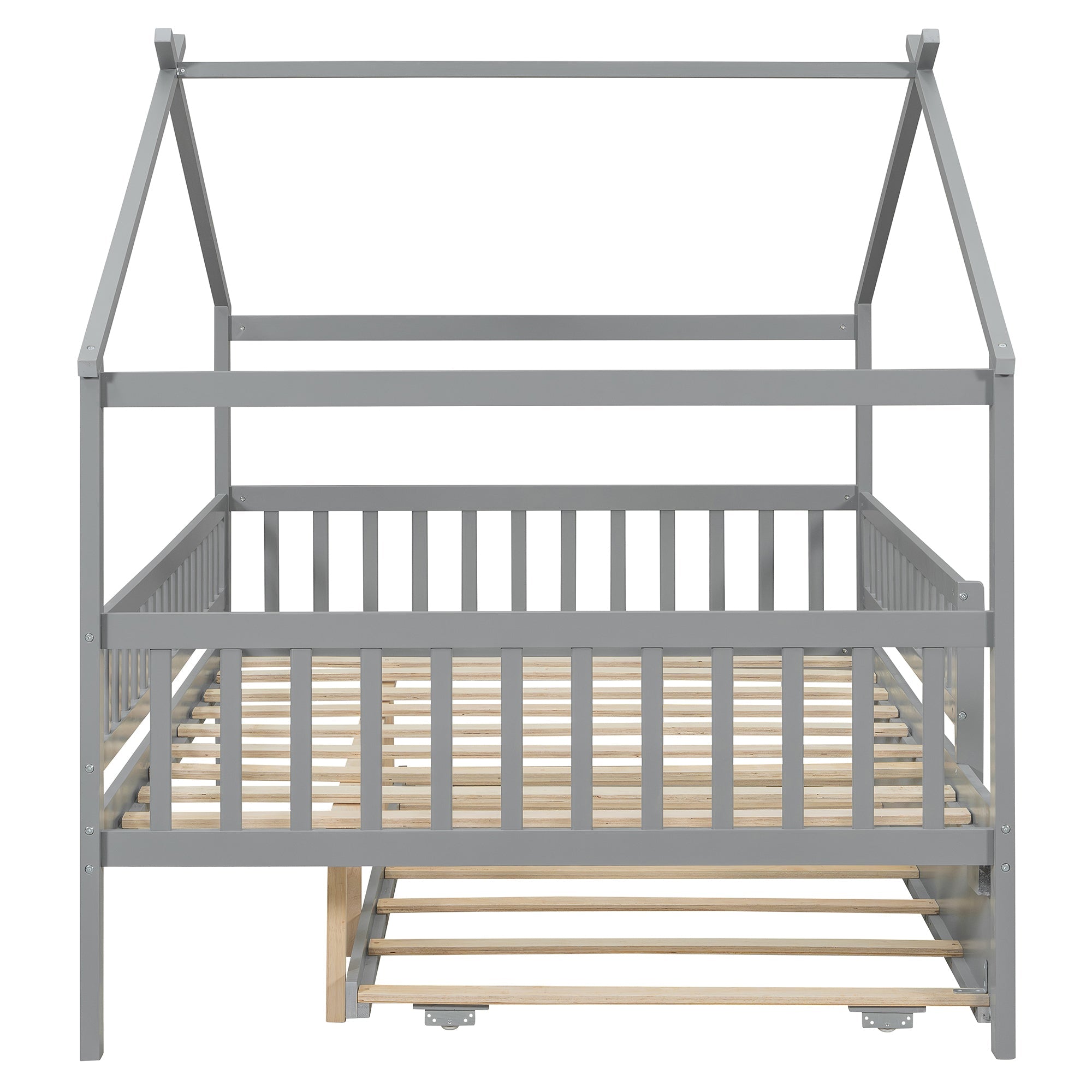 Full Size Wooden House Bed with Twin Size Trundle