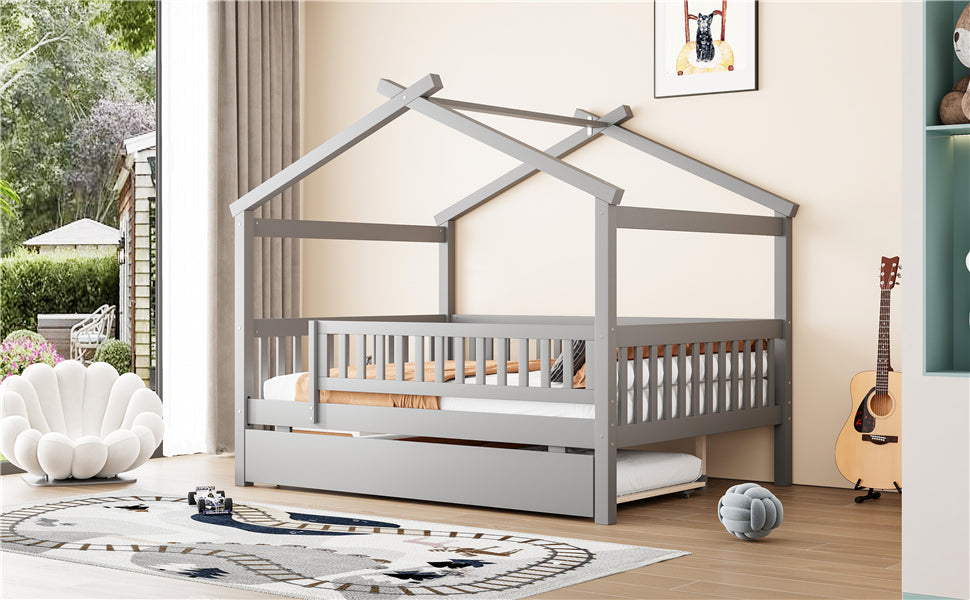 Full Size Wooden House Bed with Twin Size Trundle