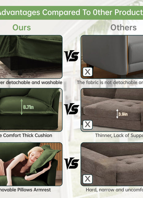 Living Room Sofa Slipcovered Sofa 3 Seater Sofa With 3 Ottomans, Oversized 3-Seat Sleeper Sofa Bed Home Theater Sofa,  Chenille, Green