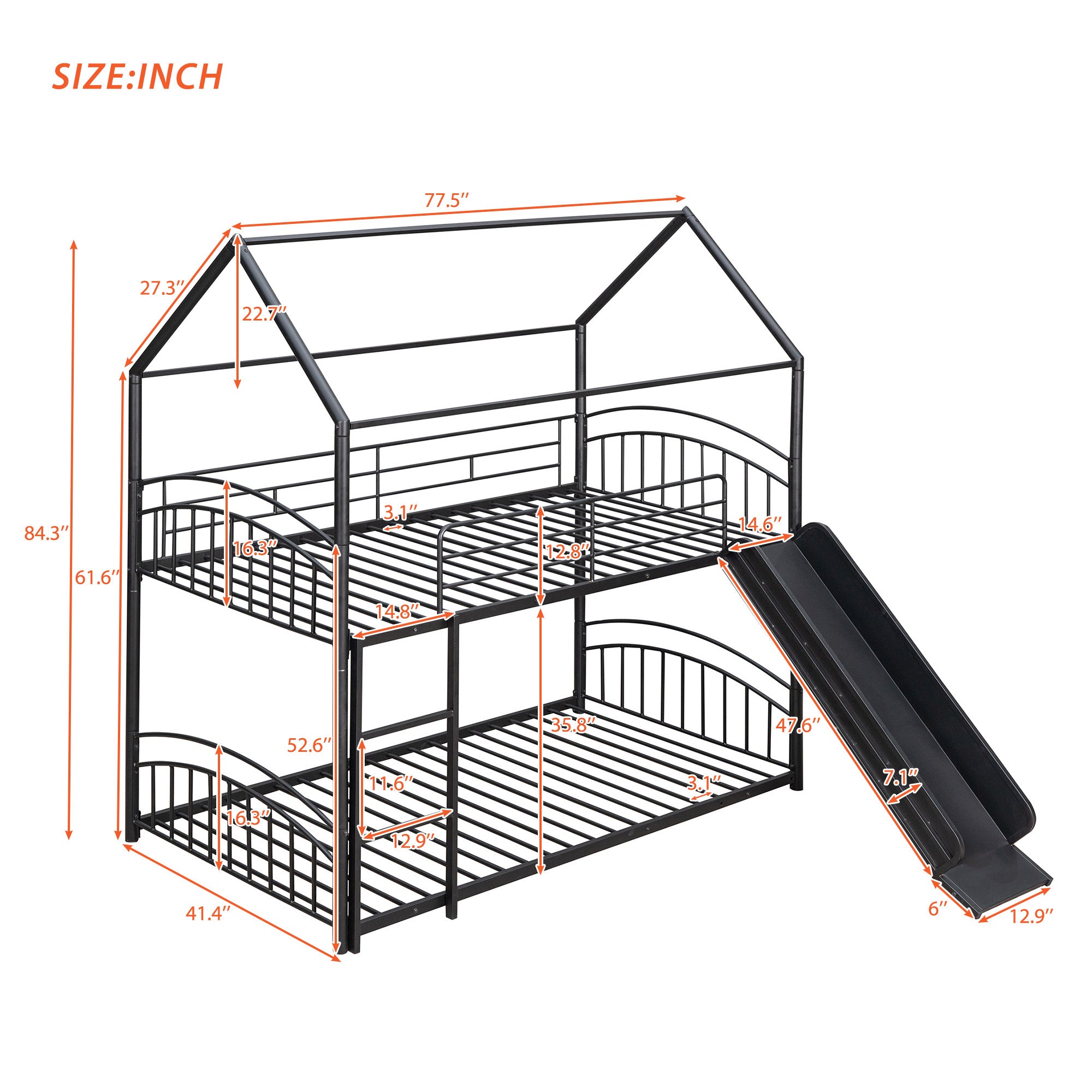 Twin Over Twin Metal Bunk Bed With Slide, Kids House Bed
