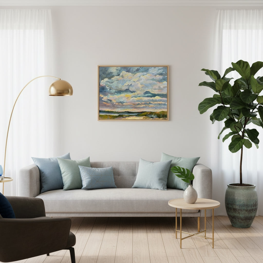 Modern bedroom with a desk, plant, and wall art