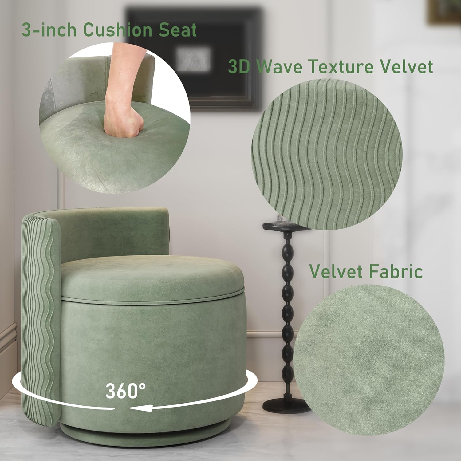 Green cushioned chair with 3D wave texture velvet fabric, showing close-up details and a hand touching the seat.