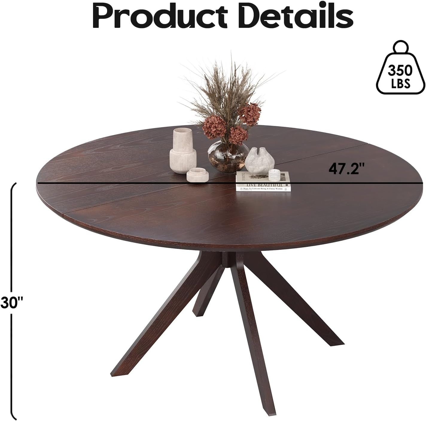 Round wooden table with measurements and weight capacity on a white background
