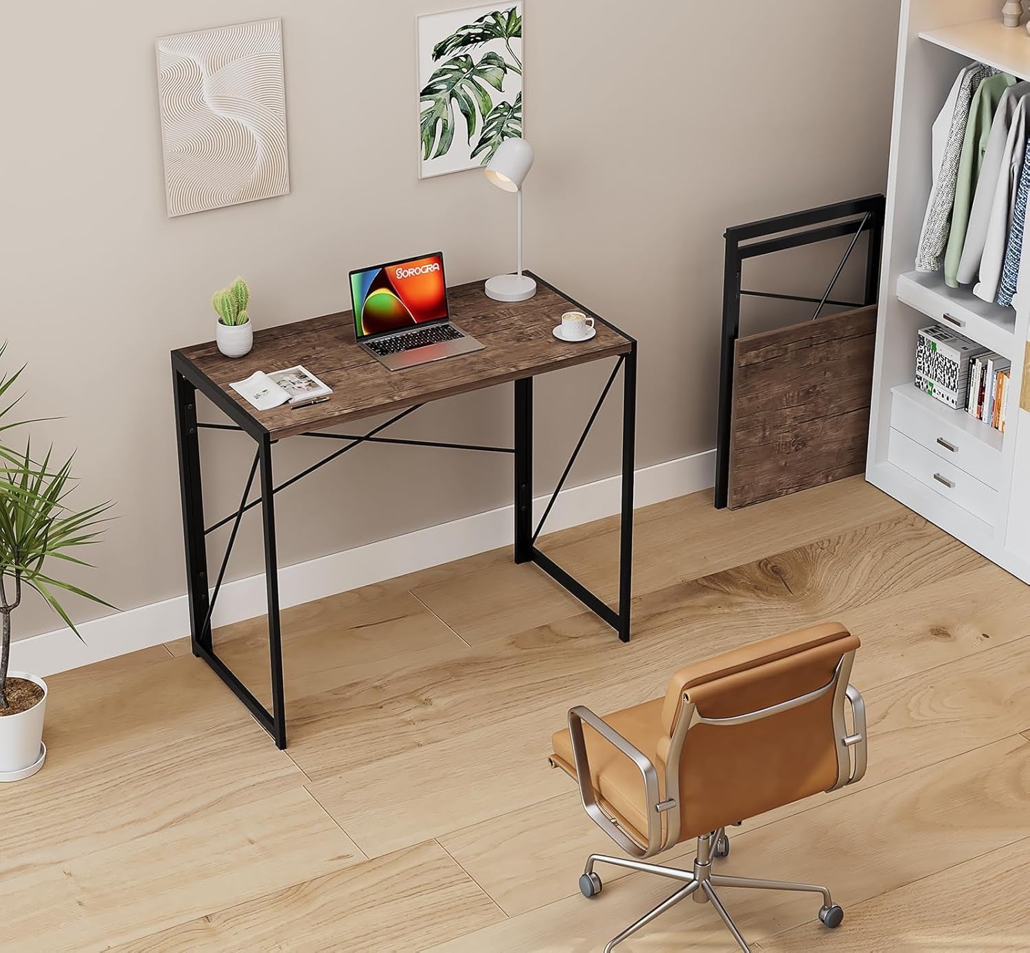 Small Folding Desk 31.5 Inch No Assembly Required Computer Desks, Spaces Saving Foldable Table for Bedroom, Home Office, Dorm, Apartment, Kids, Adults, Brown-1