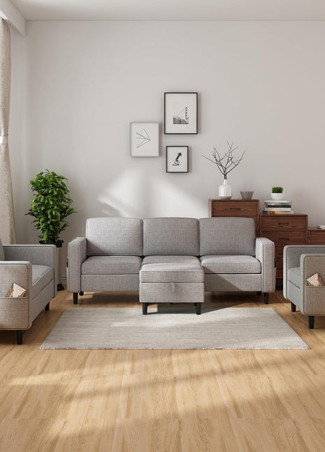 6 Seaters Sectional Upholstered Sofa, Linen Fabric Sofa Couch with Side Pockets, Free Combination Sofa Set with Movable Storage Ottoman, for Living Room-Sofa&Loveseat&Chair&Ottoman,Light Grey