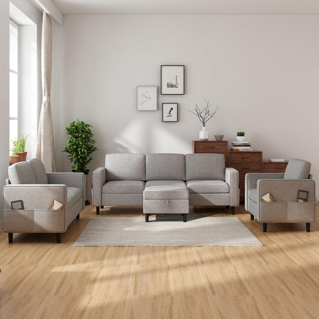 Light Grey Linen 6-Seater Modular Sectional Sofa, Side Pockets, Movable Storage Ottoman