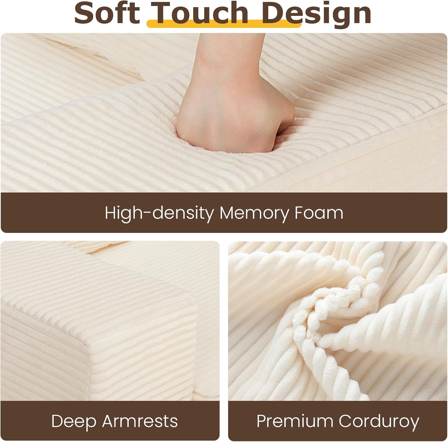 Textured fabric with high-density memory foam, deep armrests, and premium corduroy details.