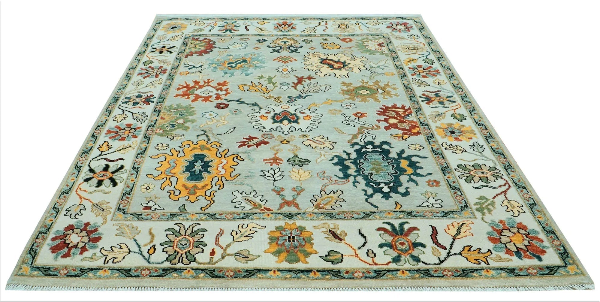 Decorative rug with floral patterns on a light blue background