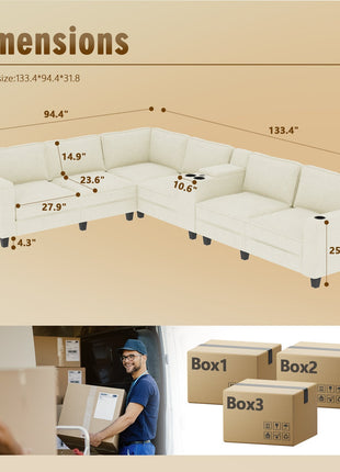 L-shaped 6-seater 133.4''*94.4'' corduroy sofa, large storage armrests with center console, USB charging, left and right seats can be switched, 3 packages of 130-2