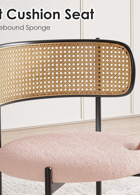 Kitchen Chairs Set of 4, Mid-Century Modern Dining Chairs,Kitchen Dining Room Chairs, Rattan Backrest round Upholstered Sherpa Dining Chairs,Pink-2