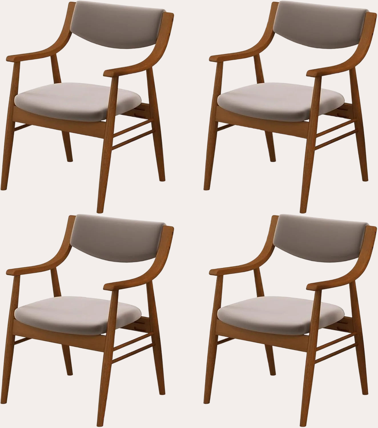 Four wooden chairs with gray cushions on a white background