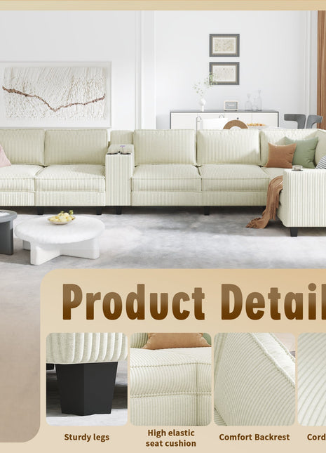 L-shaped 6-seater 133.4''*94.4'' corduroy sofa, large storage armrests with center console, USB charging, left and right seats can be switched, 3 packages of 130-1