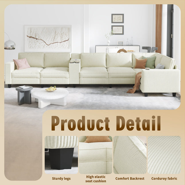 L-shaped 6-seater 133.4''*94.4'' corduroy sofa, large storage armrests with center console, USB charging, left and right seats can be switched, 3 packages of 130-1