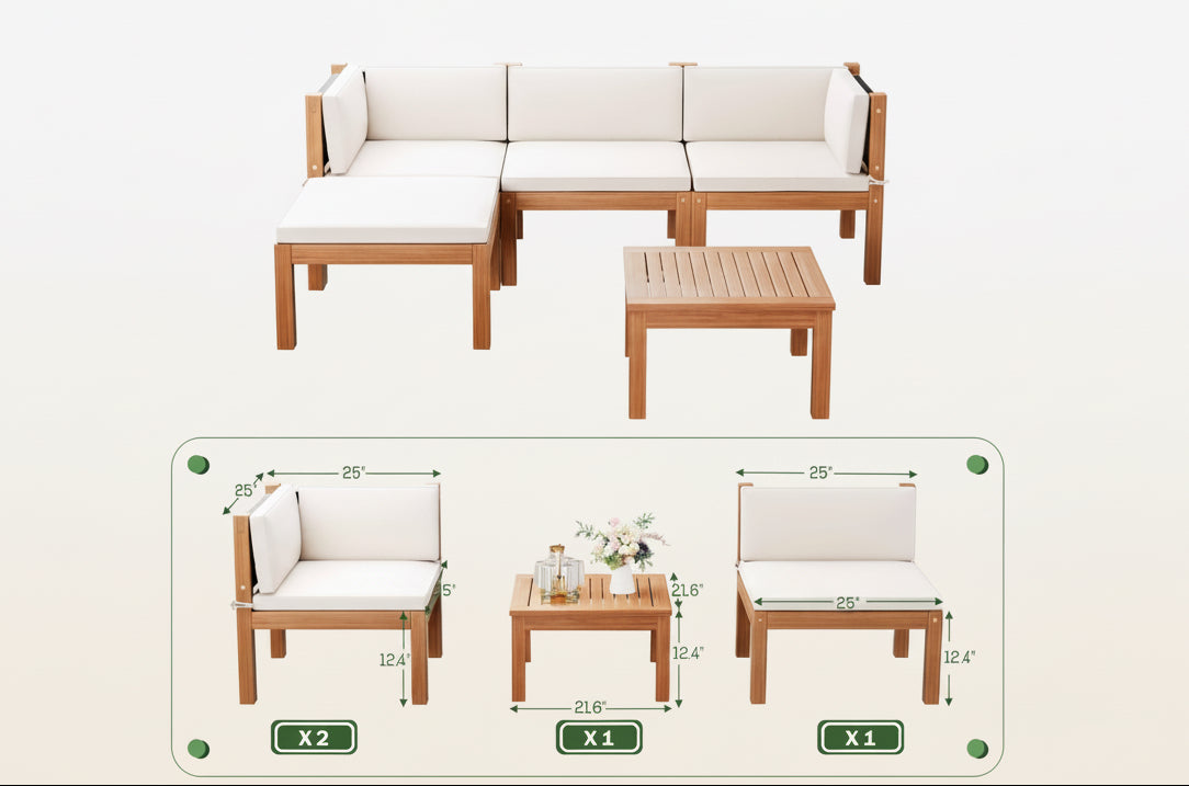 Acacia Wood Outdoor Sectional Sofa Set with Cushions-2