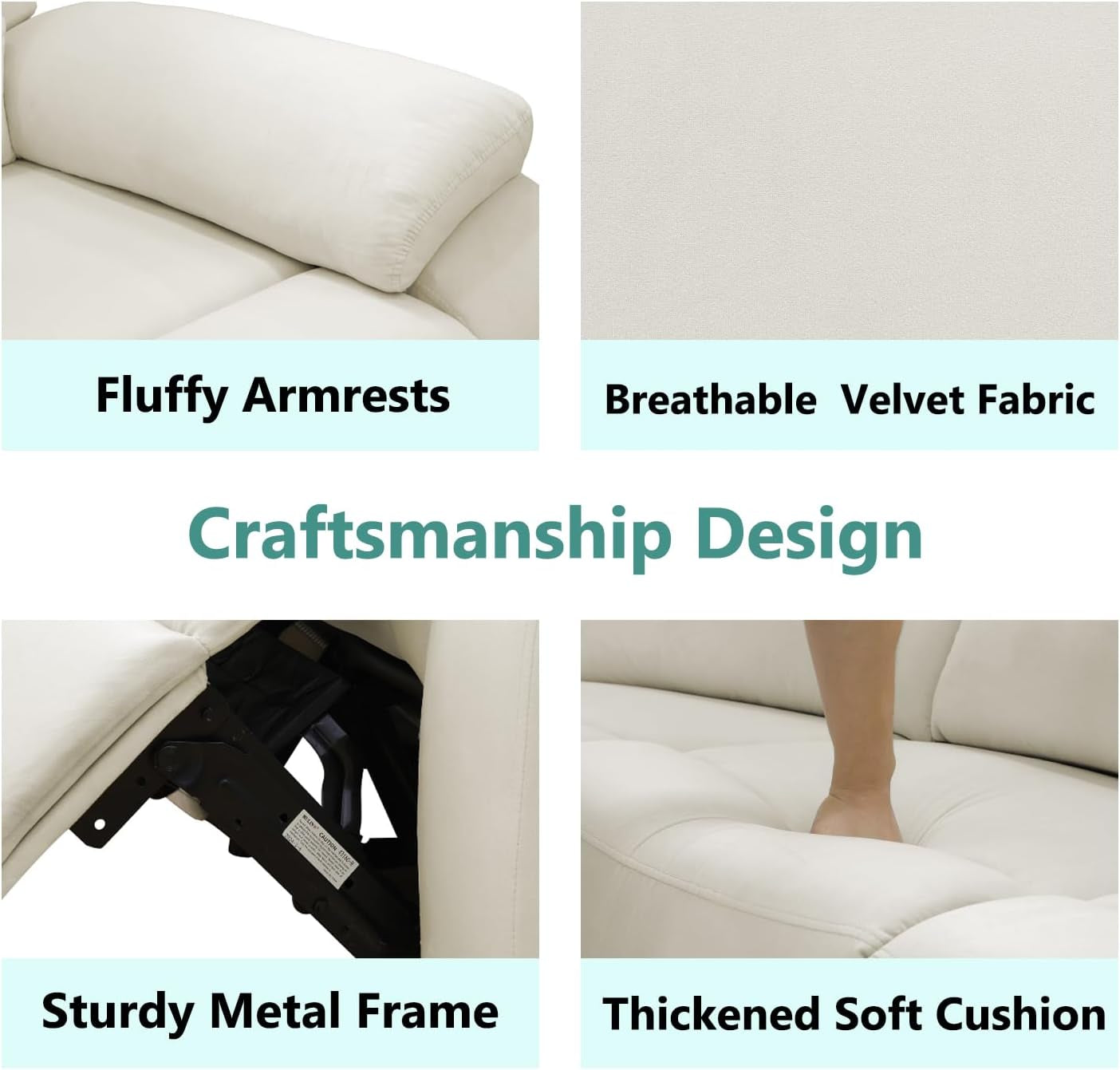 Collage of a sofa with text highlighting features like fluffy armrests, breathable velvet fabric, craftsmanship design, sturdy metal frame, and thickened soft cushion.