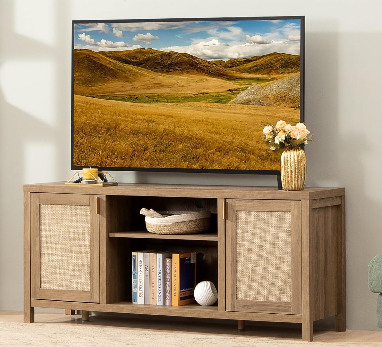 Boho Rattan TV Stand With Adjustable Shelves 59 Inch Oak