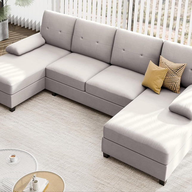 4 Seat U Shaped Sofa Sectional Couch with Chaise, Beige