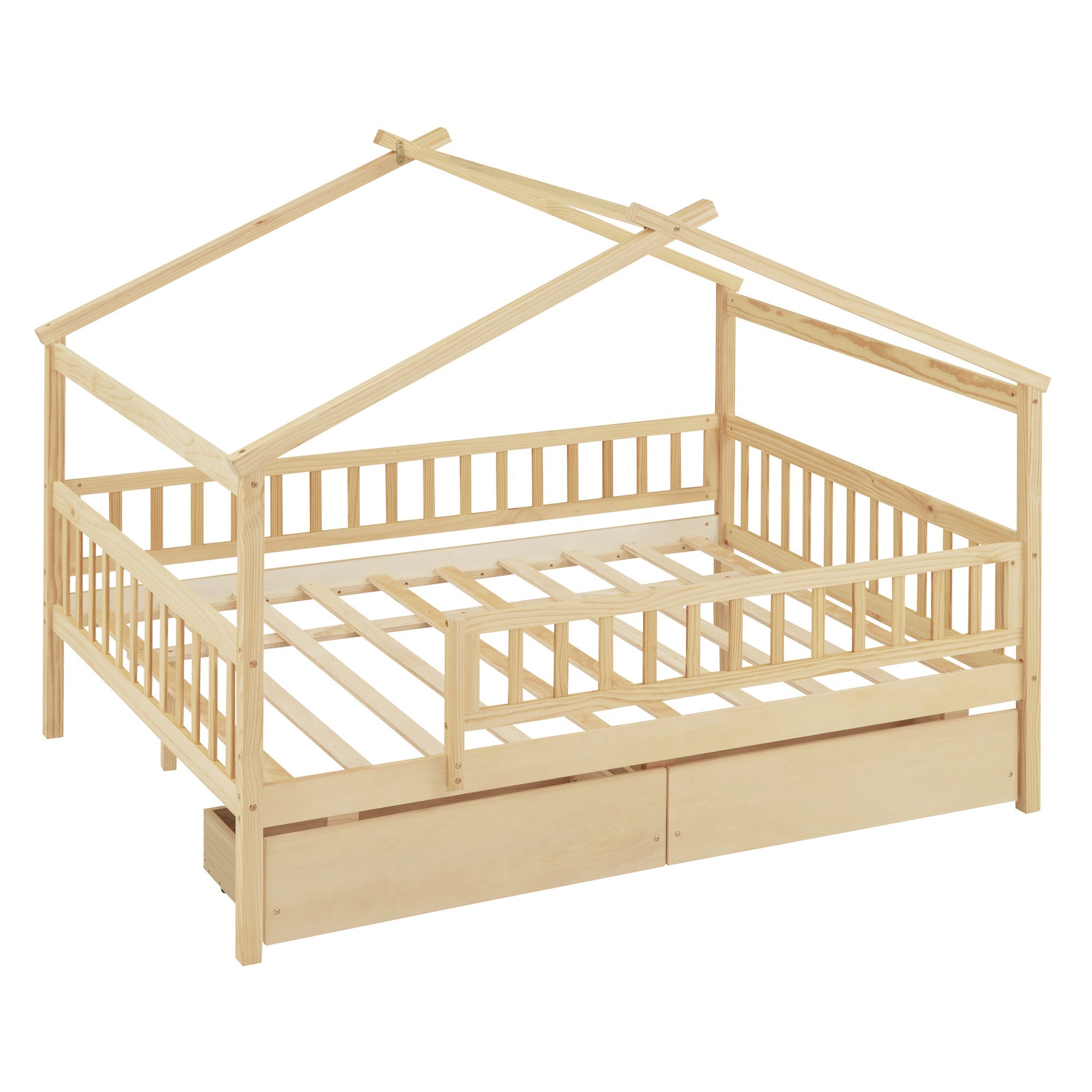 Full Size Wooden House Bed with Two Drawers