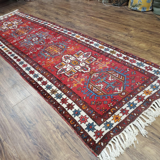 Antique Persian Heriz Karajeh Runner Rug, Red, Hand-Knotted, Wool, 3' 3" x 10' 11"-1