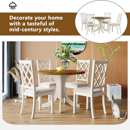 Dining room set with wooden table and white chairs, featuring a home decor theme.