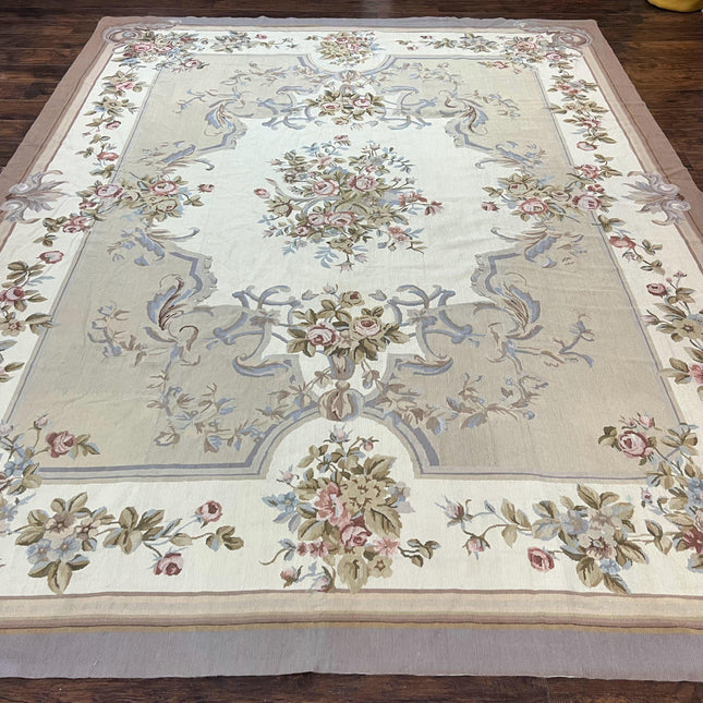 Aubusson Needlepoint Rug 9x12, VIntage Handmade Wool Beige Floral European Elegant Rug 9 x 12, Floral Roses-0