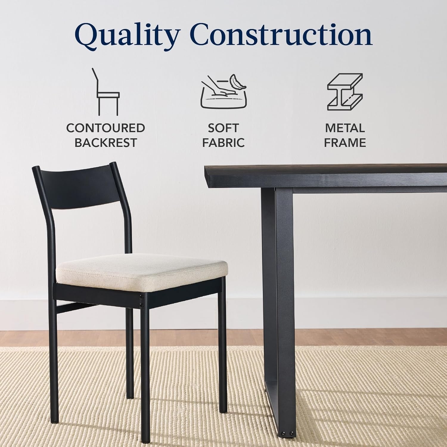 Chair and table with quality construction features labeled on a white background