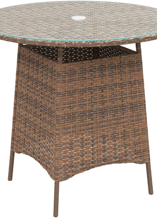 Wicker Garden Rattan Table, Patio Furniture Outdoor Coffee Table with Umbrella Hole and Tempered Glass Top, Brown-0