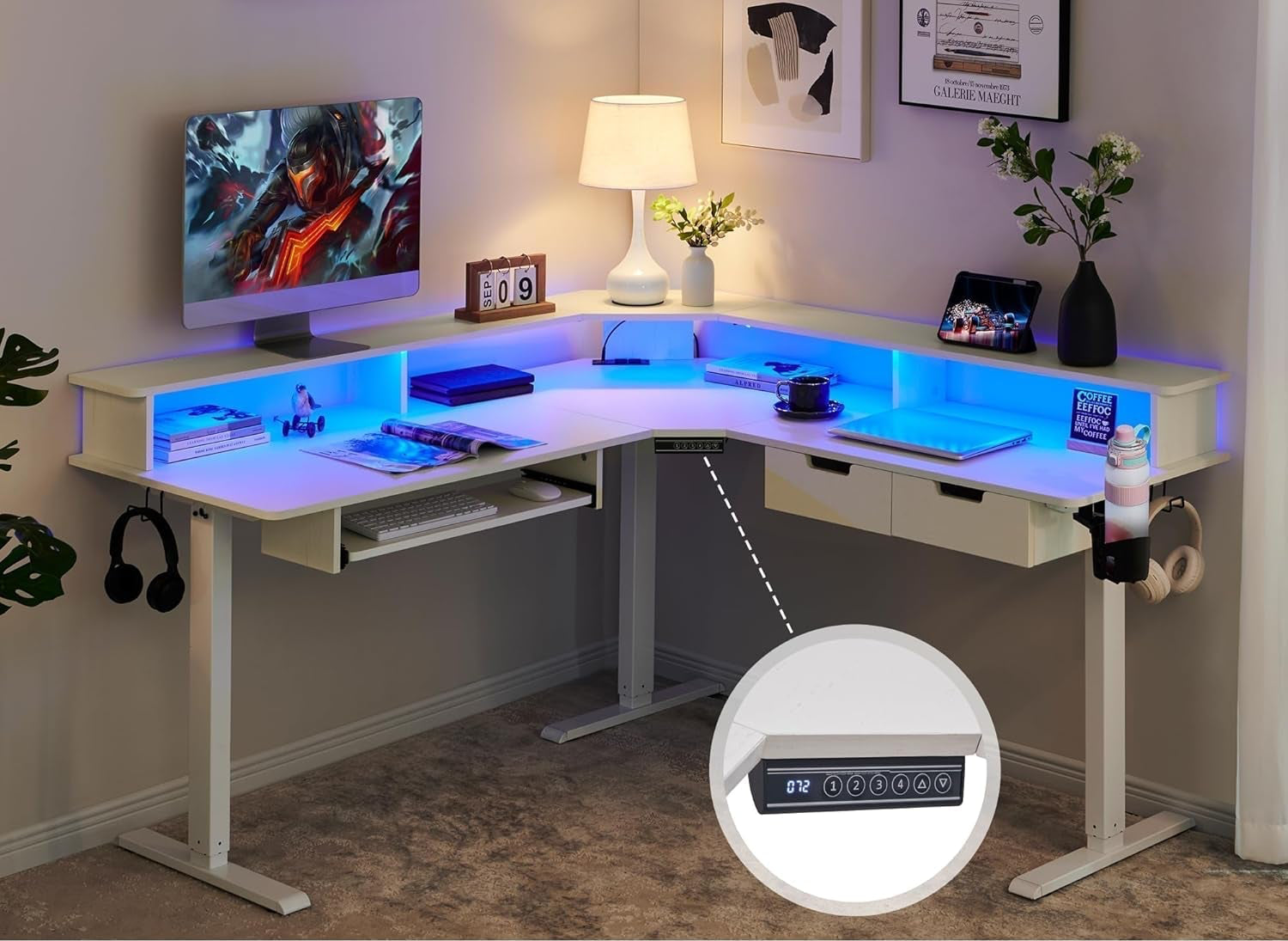 Modern L-shaped desk with RGB lighting in a room setting, featuring a TV and various items on the surface.