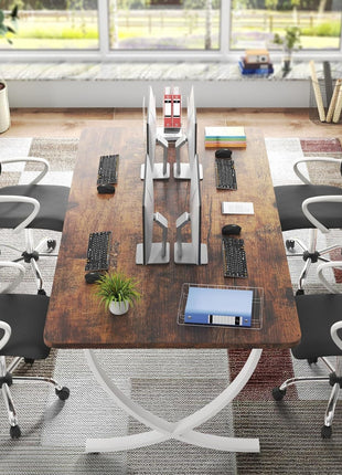 Executive Desk, 63” W X 31.5” D Large Office Desk, Modern Computer Desk Conference Table Meeting Room Table, Business Furniture for Home Office, White and Walnut-3
