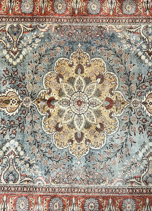 Silk Turkish Rug 5x7, Light Blue Silk Carpet, Floral Medallion, Turkish Kayseri Rug, Vintage Handmade Oriental Rug-2