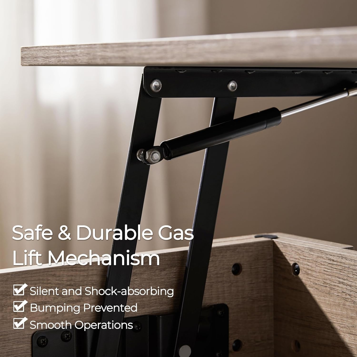 Wooden desk with black gas lift mechanism and text highlighting features.