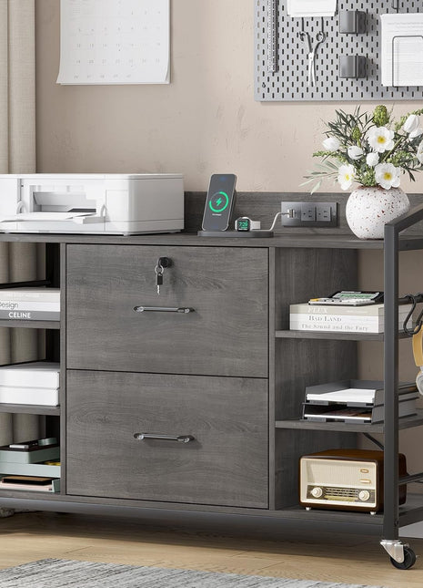 44" File Cabinet, Filing Cabinet Fits Legal/Letter Size, 2 Drawer File Cabinets for Home Office with Lock, Power Strip, 6 Storage Shelves, Grey