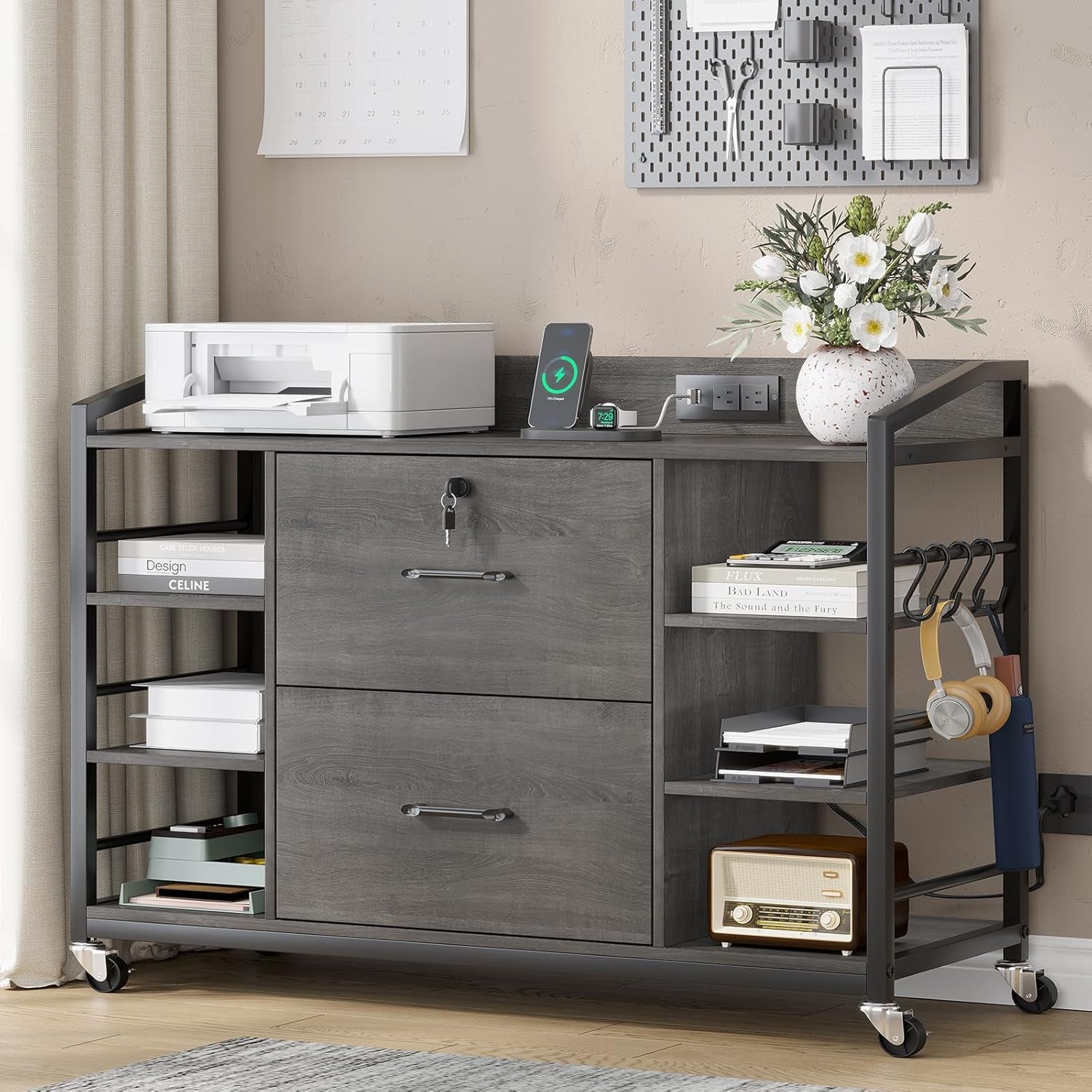 44" File Cabinet, Filing Cabinet Fits Legal/Letter Size, 2 Drawer File Cabinets for Home Office with Lock, Power Strip, 6 Storage Shelves, Grey