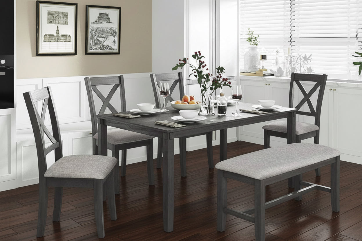 6-piece dining table set with chairs and bench in a kitchen setting