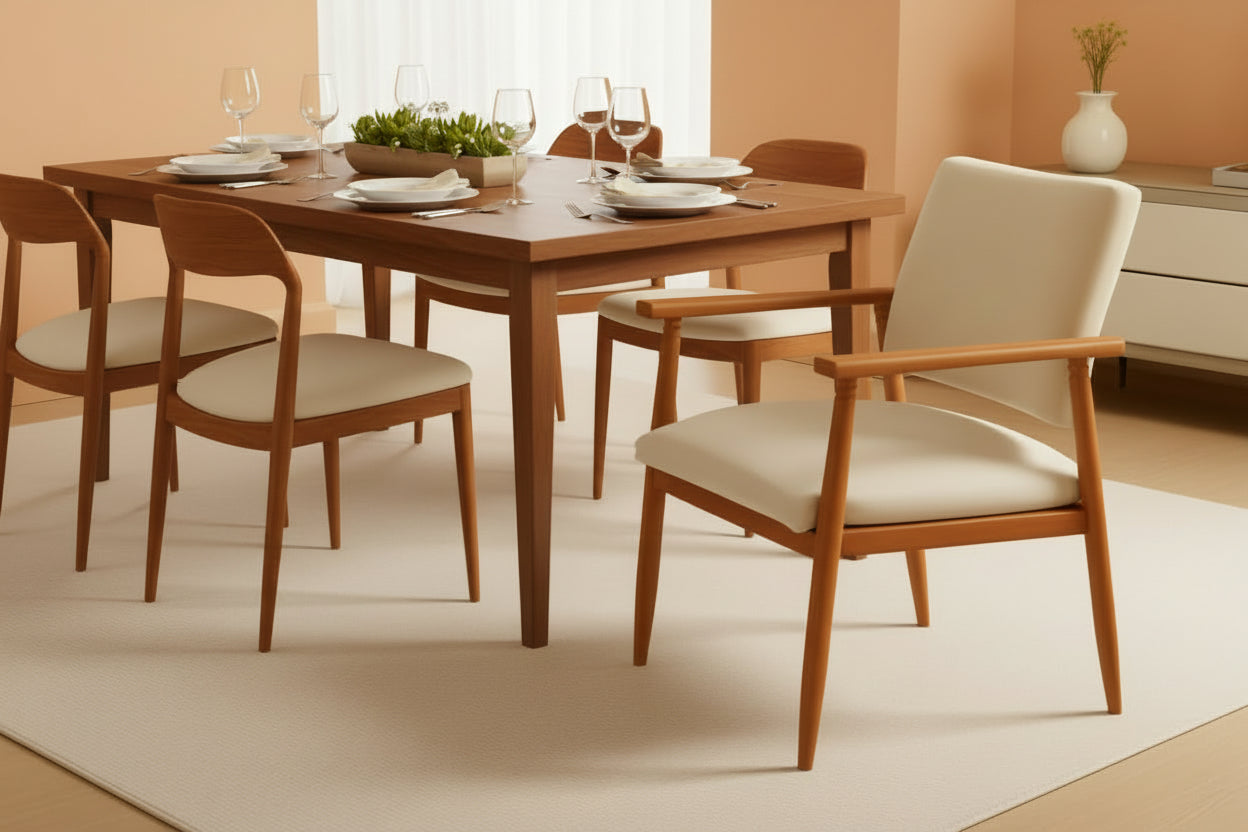 Hardy Haus Mid Century Modern Walnut Dining Chairs with Beige Fabric