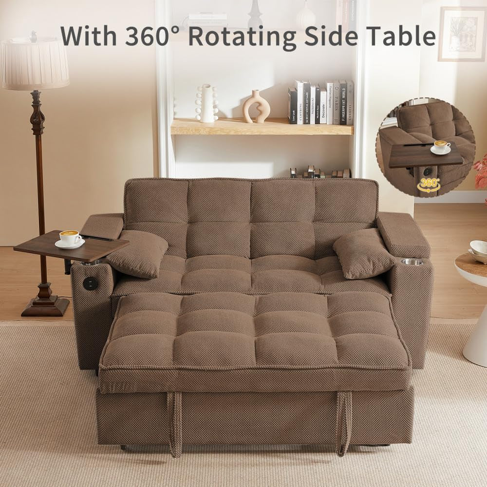 Brown sectional sofa with a 360° rotating side table in a living room setting.