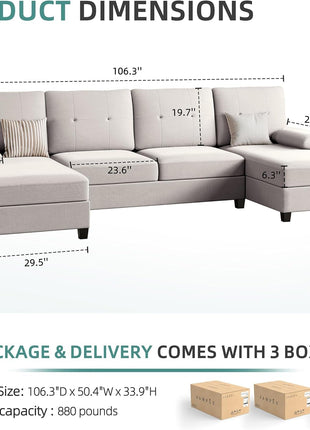 Sectional Sofa Couches for Living Room, U Shaped Sofa Living Room Furniture Sets, 4 Seat U Shaped Sofa Sectional Couch with Chaise, Beige