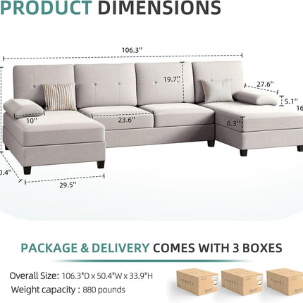 U-Shaped Sectional Sofa – Breathable Linen Fabric with Chaise, Beige