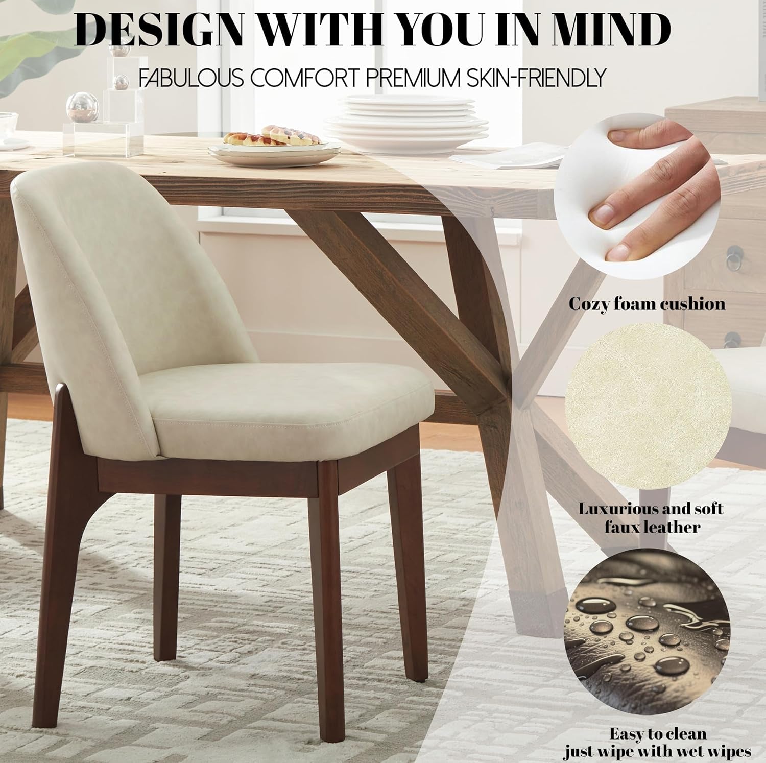  Beige Upholstered Dining Chairs With Solid Wood Legs