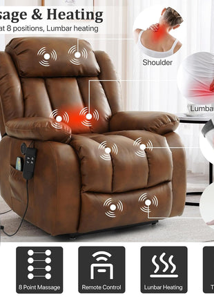 Dual Motor Large Power Lift Recliner Chair Recliners for Elderly, Infinite Position Recliner Chair with Heat and Massage, Breathable Leather(Ochre)-2