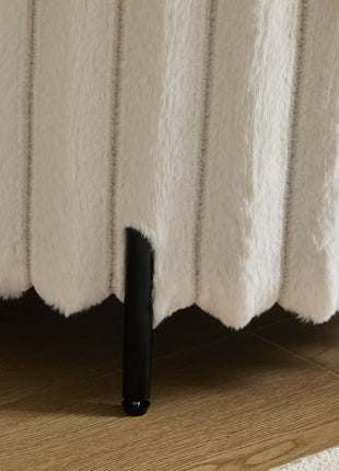 Beige Upholstered Round Pouf Ottoman Foot Rest with Black Metal Legs, Faux Fur, 22.05' Wide-4