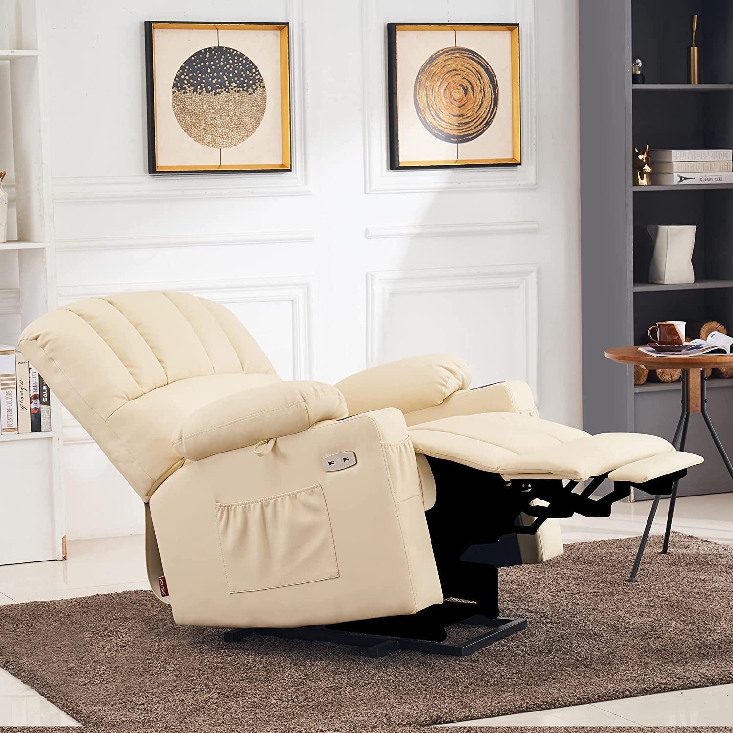 Beige recliner chair in a living room setting with decorative elements.