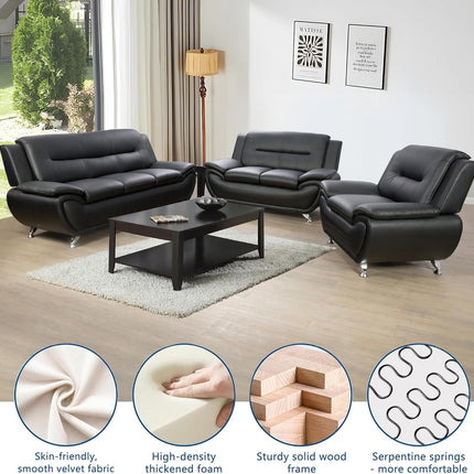 3 Piece Living Room Couch Set, Faux Leather Sofa Set, Modern Sofa Couch Set Living Room Furniture (Sofa+Loveseat+Chair, Black)-4