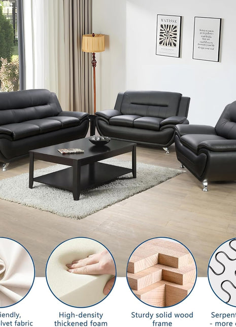 3 Piece Living Room Couch Set, Faux Leather Sofa Set, Modern Sofa Couch Set Living Room Furniture (Sofa+Loveseat+Chair, Black)-4