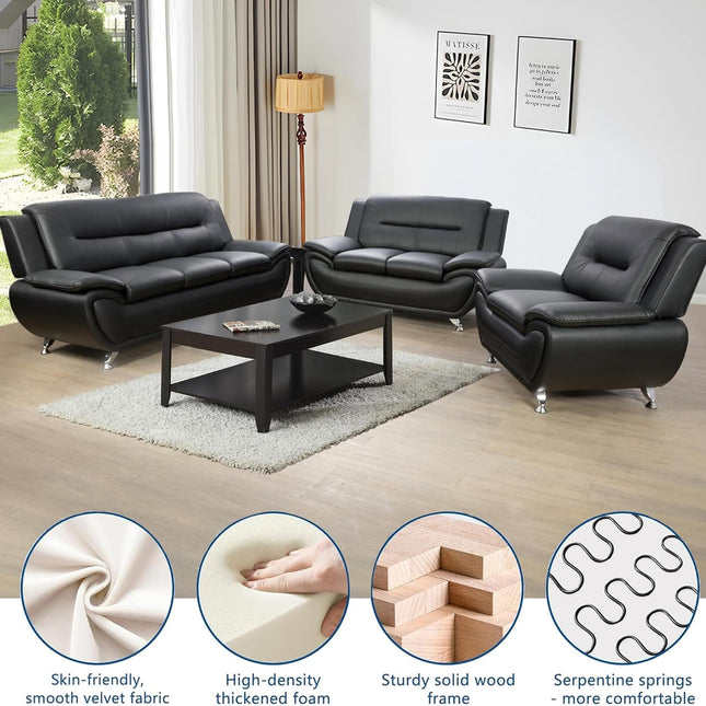 3 Piece Living Room Couch Set, Faux Leather Sofa Set, Modern Sofa Couch Set Living Room Furniture (Sofa+Loveseat+Chair, Black)-4