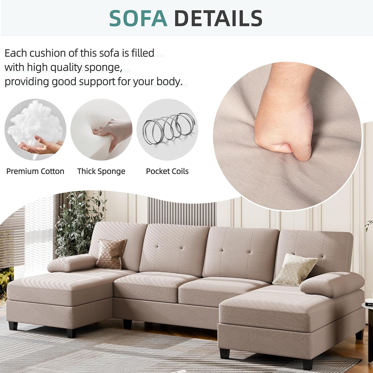 Dark Beige U Shaped Sectional Sofa With Chaise 4 Seats-4
