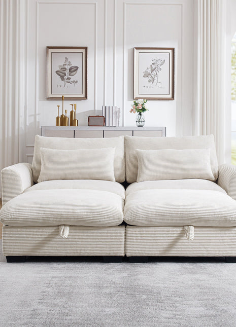 Corduroy Two-Seater Sofa with 2 Storage Footrest, 2 Seater Sectional  deep seat sofa,Comfy Couches for Living Room ,Beige Sofa-1