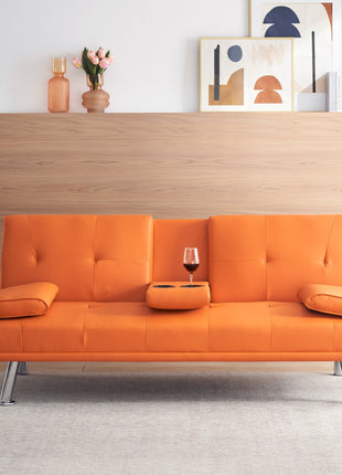 67' Orange Leather Office Sofa Bed, Double Fold, with Coffee Table, Multifunctional-0