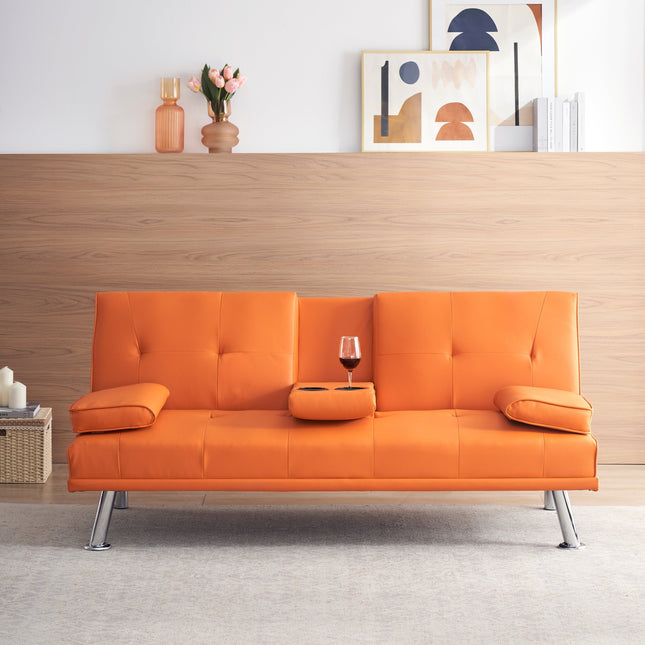67' Orange Leather Office Sofa Bed, Double Fold, with Coffee Table, Multifunctional-0